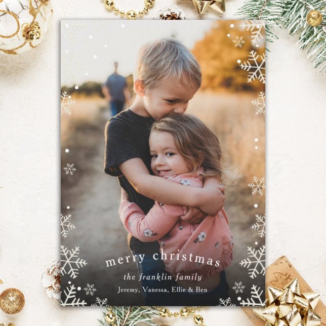 Elegant Snowfall Border Christmas Photo  Holiday Card (Creator Uploaded)