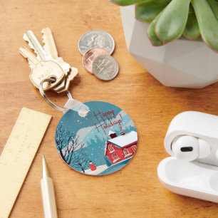 Elegant Snowfall Festive Happy Holidays Circle Key Ring