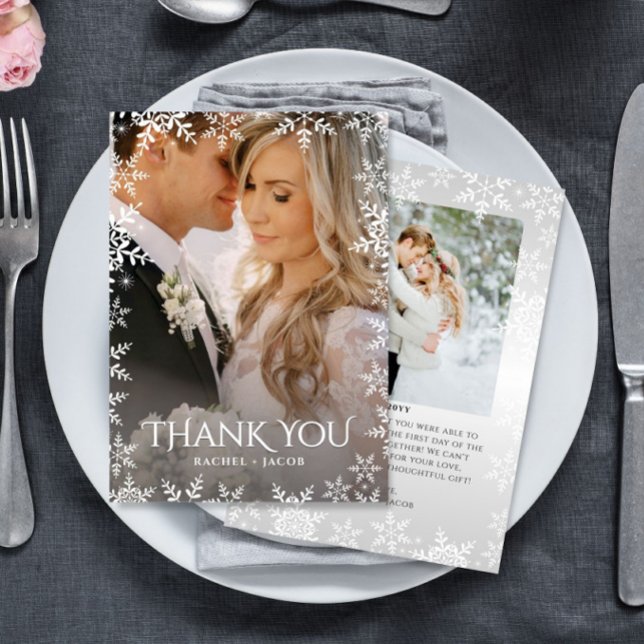 Elegant Snowflake 2-Photo Winter Wedding Thank You Card (Creator Uploaded)