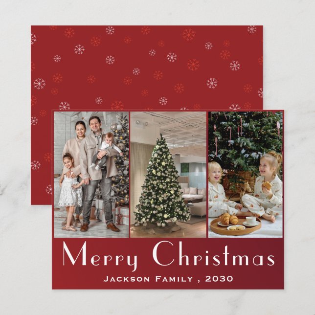 Elegant Snowflake 3 Photo Collage Christmas  Holiday Card (Front/Back)