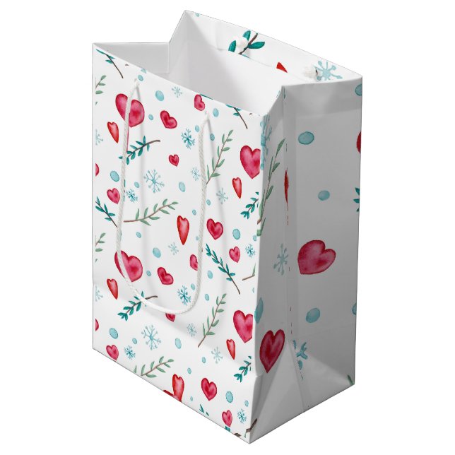 Elegant Snowflake and Red Heart Christmas Medium Gift Bag (Front Angled)