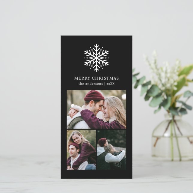 Elegant Snowflake Black 4 Family Photo Christmas Holiday Card (Standing Front)