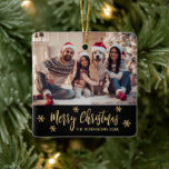 Elegant Snowflake Black and Gold Photo Christmas Ceramic Ornament<br><div class="desc">Modern Elegant Script Snowflake Black and Gold Photo Merry Christmas Script Holiday Ceramic Ornament. Features one) photo template „Merry Christmas” text. The „Merry Christmas” greeting text is written in a beautiful hand lettered whimsical font script and around gold snowflakes on black colour background. This Ceramic Ornament Cute gift for your...</div>