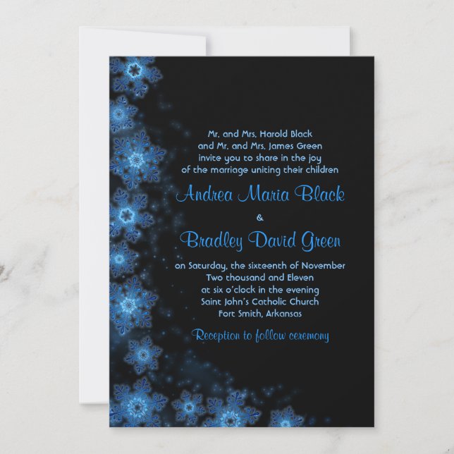 Elegant Snowflake Blue Black Wedding Invitation (Front)
