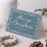 Elegant Snowflake Blue Merry Christmas Non-Photo Holiday Card<br><div class="desc">Elegant holiday card with "Merry Christmas" displayed on the front in a bold white calligraphy script with a white snowflake and pine branch border on a frosted blue background. Personalise the front of the non-photo holiday card by adding your name and the year. The inside of the card provides space...</div>