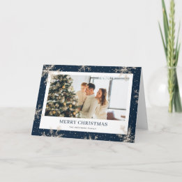 Elegant Snowflake Blue Photo Merry Christmas Card