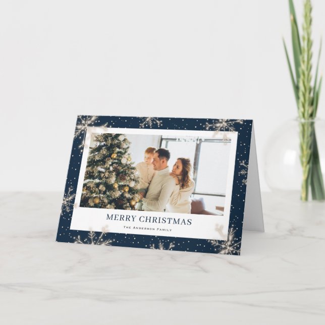 Elegant Snowflake Blue Photo Merry Christmas Card (Front)