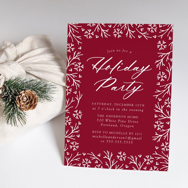 Elegant Snowflake Cranberry Holiday Party Invitation (Creator Uploaded)