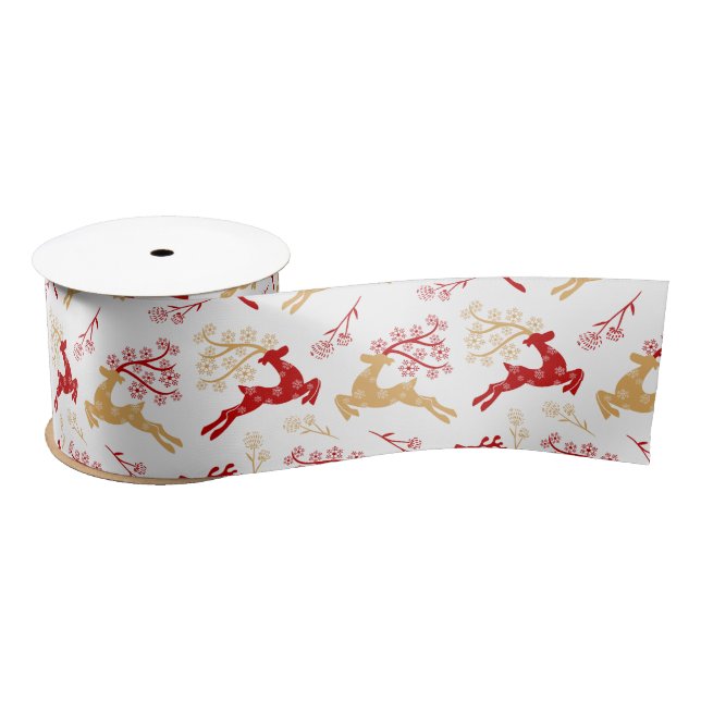 Elegant Snowflake Gold Red Reindeer Christmas Satin Ribbon (Spool)