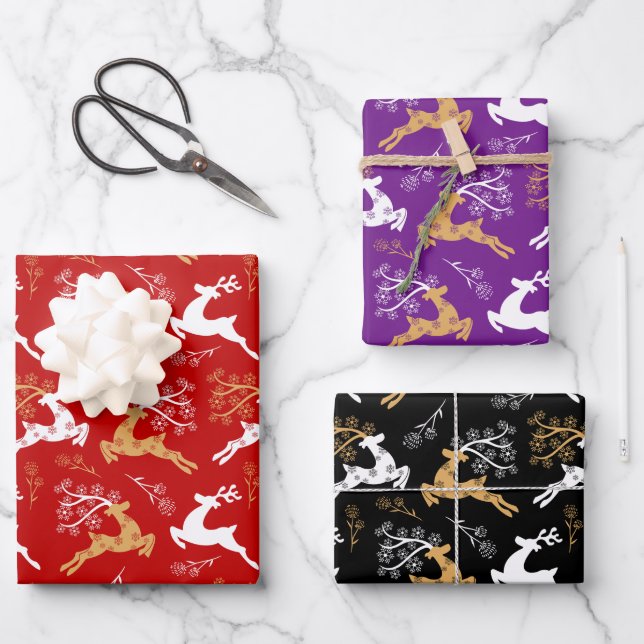 Elegant Snowflake Gold White Reindeer Christmas Wrapping Paper Sheet (Front)