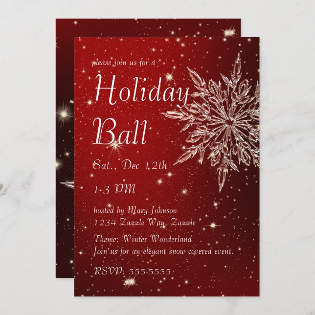 Elegant Snowflake in Red Ball Invitation (Front/Back)