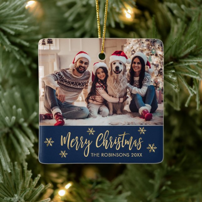 Elegant Snowflake Navy and Gold Photo Christmas Ceramic Ornament (Tree)