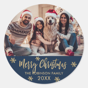 Elegant Snowflake Navy and Gold Photo Christmas Classic Round Sticker