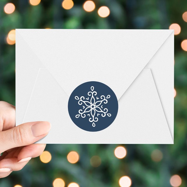Elegant Snowflake Navy Holiday Classic Round Sticker (Creator Uploaded)