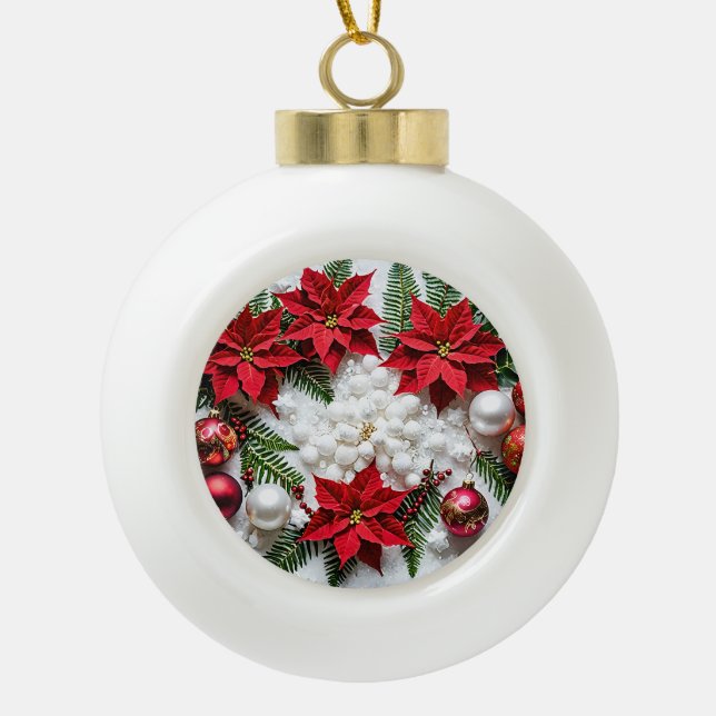 Elegant Snowflake Ornament with Festive Poinsettia (Front)