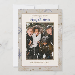Elegant Snowflake Pattern Beige Family Photo  Holiday Card