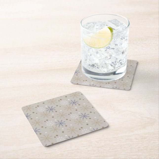 Elegant Snowflake Pattern Beige  Square Paper Coaster (Insitu)