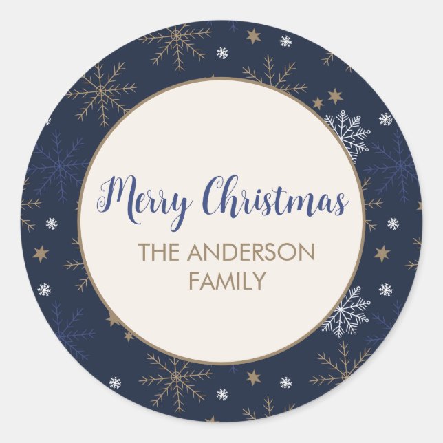 Elegant Snowflake Pattern  Dark Blue Classic Round Sticker (Front)