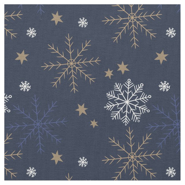 Elegant Snowflake Pattern Dark Blue Fabric (Close Up)