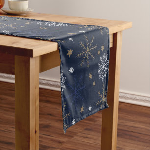 Elegant Snowflake Pattern Dark Blue Short Table Runner