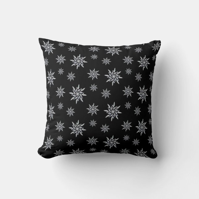 Elegant Snowflake Pattern on Black Cushion (Front)