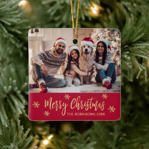 Elegant Snowflake Red and Gold Photo Christmas Ceramic Ornament