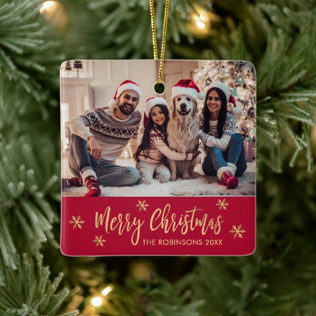 Elegant Snowflake Red and Gold Photo Christmas Ceramic Ornament (Tree)
