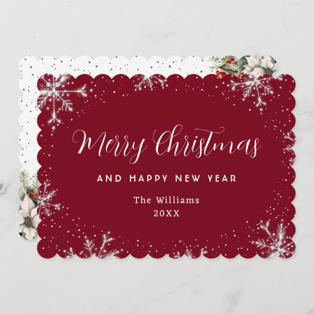 Elegant Snowflake Red Botanical Holiday Card (Front/Back)