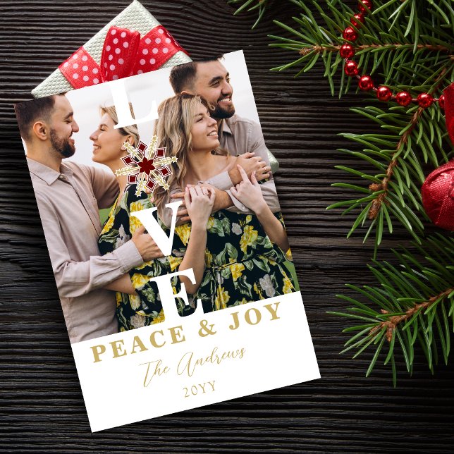 Elegant Snowflake Red & Faux Gold Minimal 2 Photos Holiday Card (Elegant and Refined Snowflake Red & Faux Gold Minimalist 2 Vertical Photos Christmas Holiday Card.)