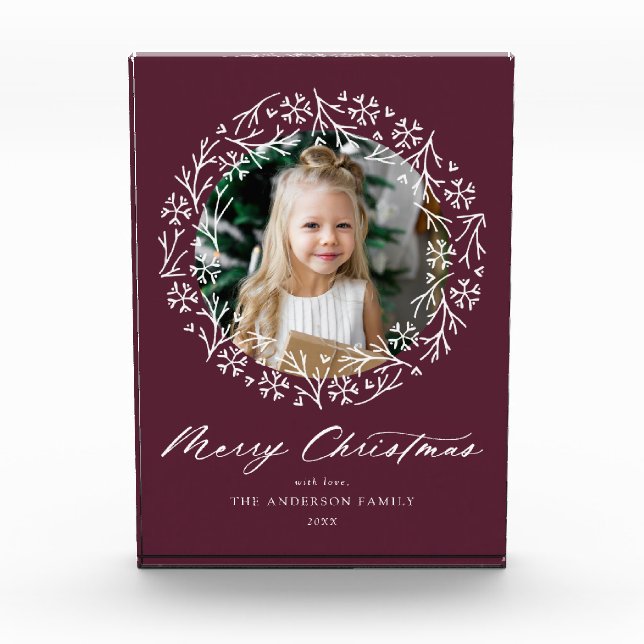 Elegant Snowflake Wreath Berry Christmas Photo Block (Front)