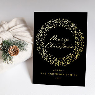 Elegant Snowflake Wreath Black Non-Photo Gold Foil Holiday Card