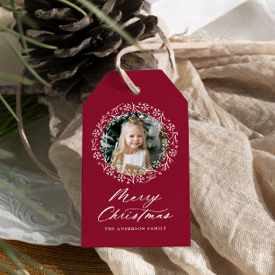 Elegant Snowflake Wreath Cranberry Christmas Photo Gift Tags