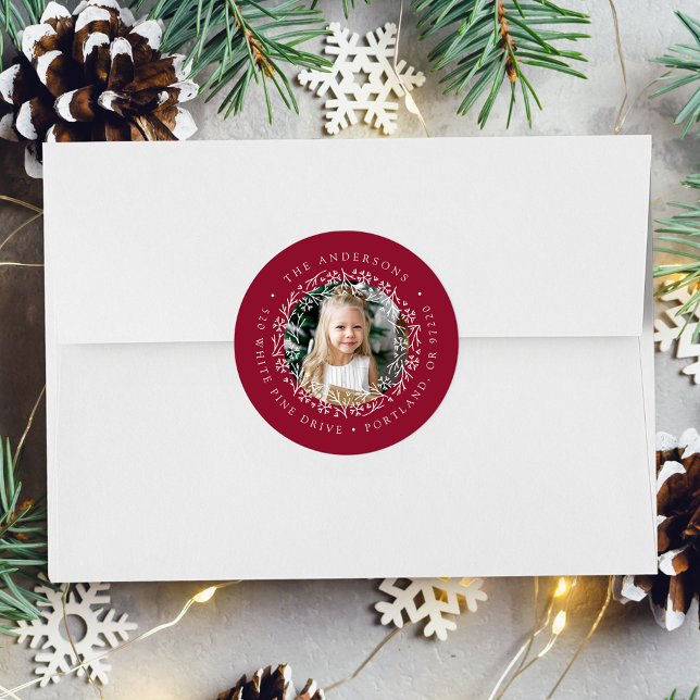Elegant Snowflake Wreath Cranberry Return Address Classic Round Sticker (Creator Uploaded)