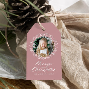 Elegant Snowflake Wreath Dusty Rose Holiday Photo Gift Tags