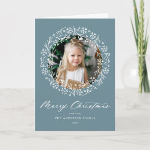 Elegant Snowflake Wreath Frost Blue 2 Photo Holiday Card