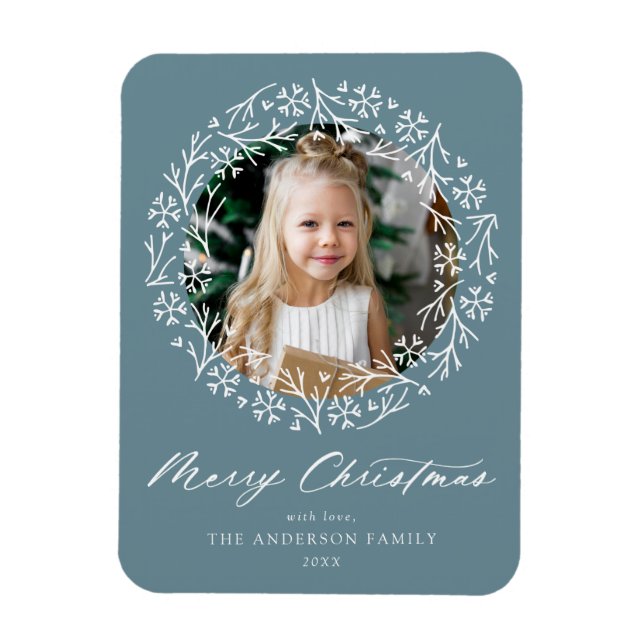Elegant Snowflake Wreath Frost Blue Photo Magnet (Vertical)