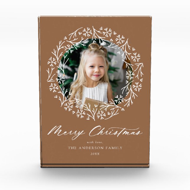 Elegant Snowflake Wreath Gingerbread Christmas Photo Block (Front)