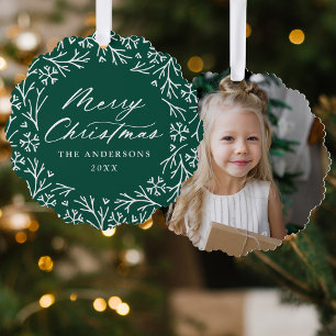 Elegant Snowflake Wreath Green Photo Christmas Tree Decoration Card