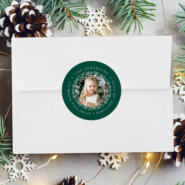 Elegant Snowflake Wreath Green Return Address Classic Round Sticker (Creator Uploaded)