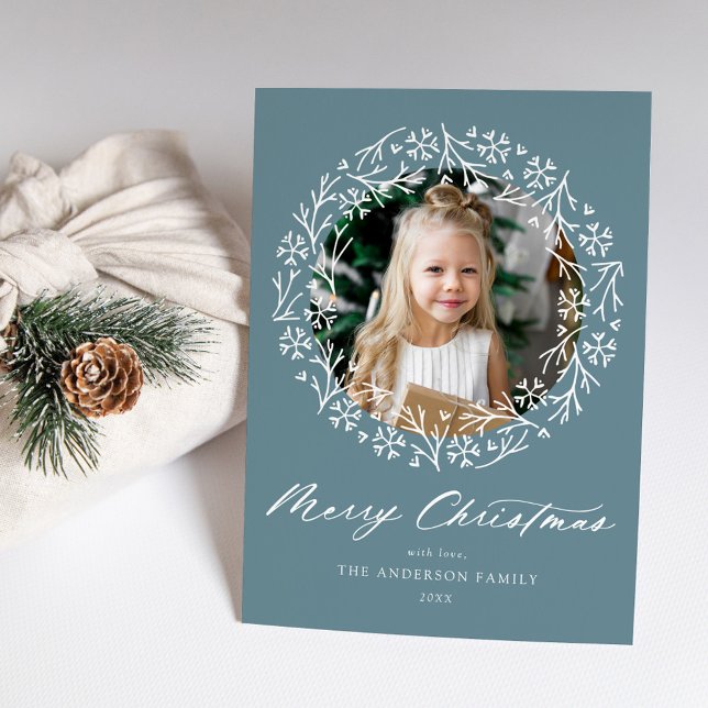 Elegant Snowflake Wreath Light Blue Photo Holiday Card (Creator Uploaded)