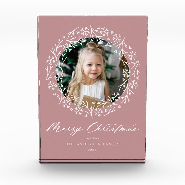 Elegant Snowflake Wreath Mauve Christmas Photo Block (Front)