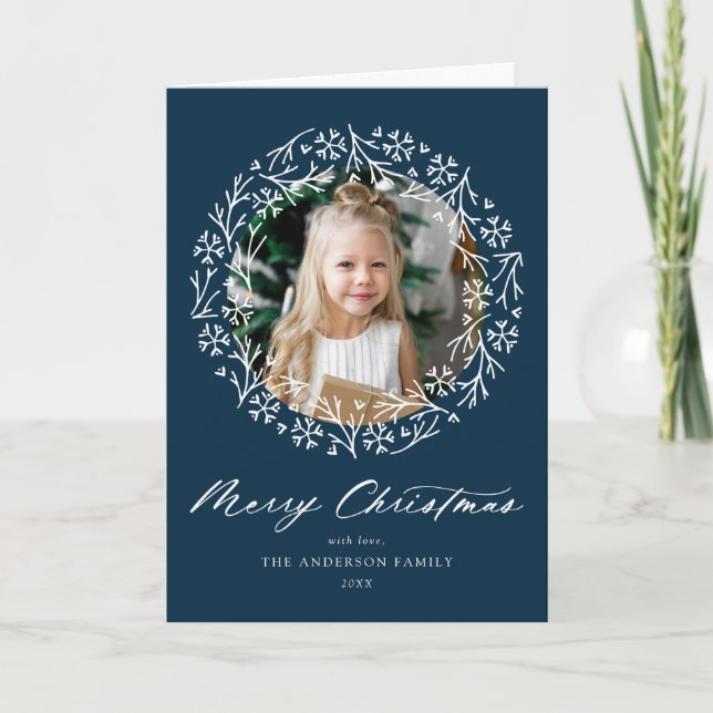 Elegant Snowflake Wreath Navy 2 Photo Holiday Card (Front)