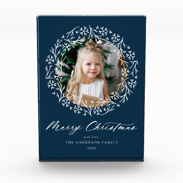Elegant Snowflake Wreath Navy Christmas Photo Block (Front)