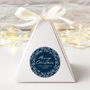 Elegant Snowflake Wreath Navy Merry Christmas Classic Round Sticker