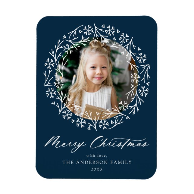 Elegant Snowflake Wreath Navy Photo Magnet (Vertical)