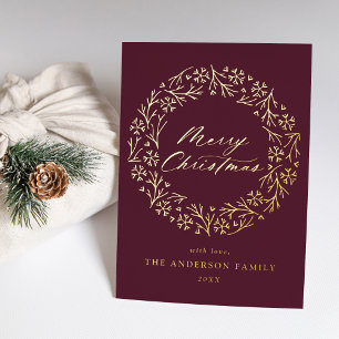 Elegant Snowflake Wreath Purple Non-Photo Gold Foil Holiday Card