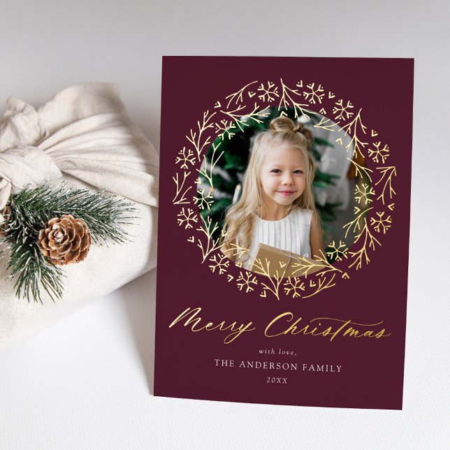 Elegant Snowflake Wreath Purple Photo Foil Holiday Card (Creator Uploaded)