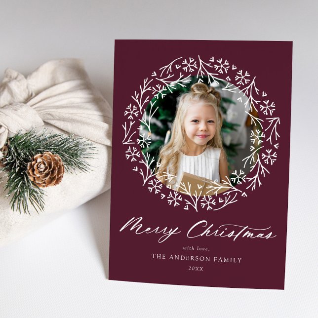 Elegant Snowflake Wreath Purple Photo Holiday Card (Creator Uploaded)