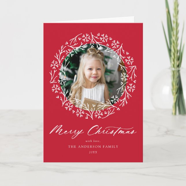 Elegant Snowflake Wreath Red 2 Photo Holiday Card (Front)