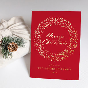 Elegant Snowflake Wreath Red Non-Photo Gold Foil Holiday Card
